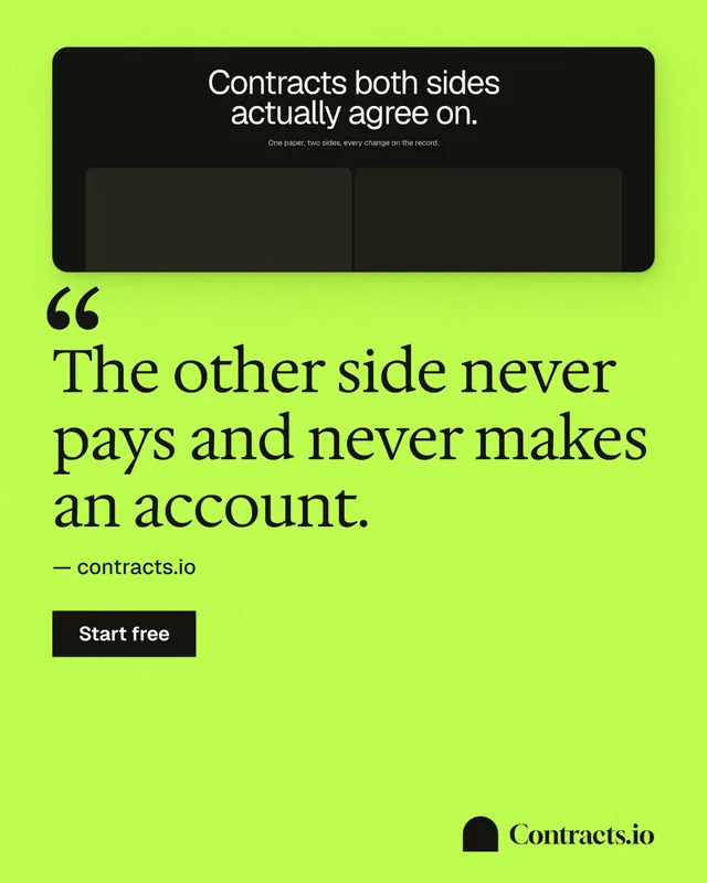 Instagram portrait post for contracts.io: "The other side never pays and never makes an account." Swiss style, quote layout, light palette in green, black.