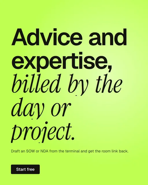 Video for contracts.io: "Advice and expertise, billed by the day or project.". Kinetic type grid, 8.0 s, light palette.
