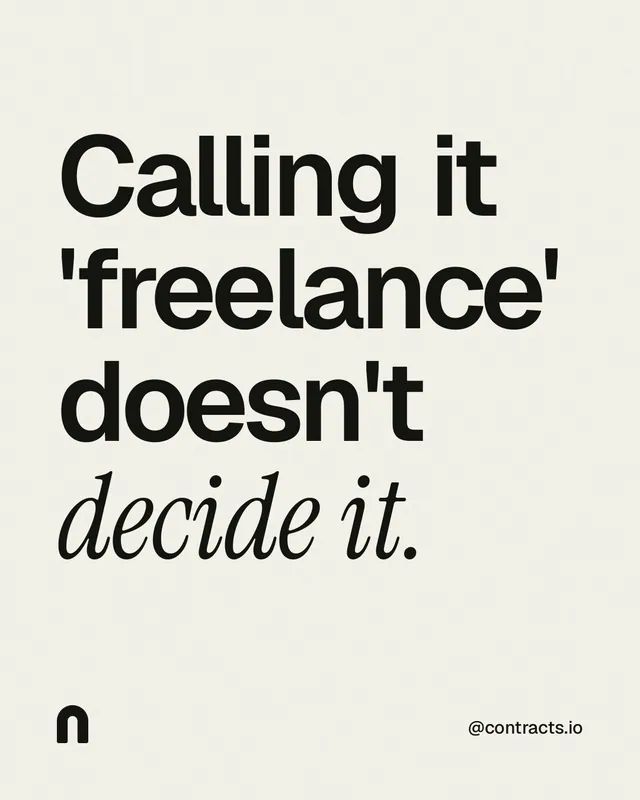 Instagram portrait post for contracts.io: "Calling it 'freelance' doesn't decide it." Editorial style, technique:mixed type lockup layout, light palette in white, grey.