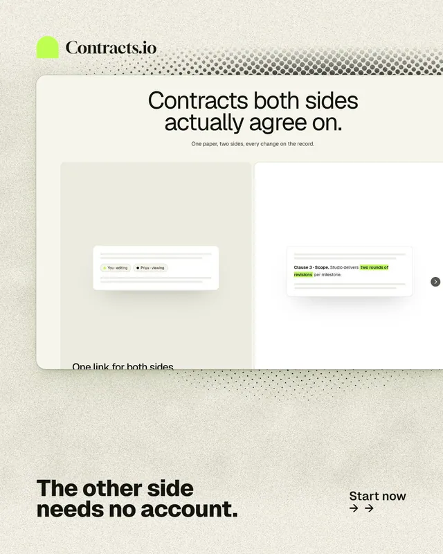 Instagram portrait post for contracts.io: "The other side needs no account." Ink sticker style, image led layout, light palette in yellow, white, grey.