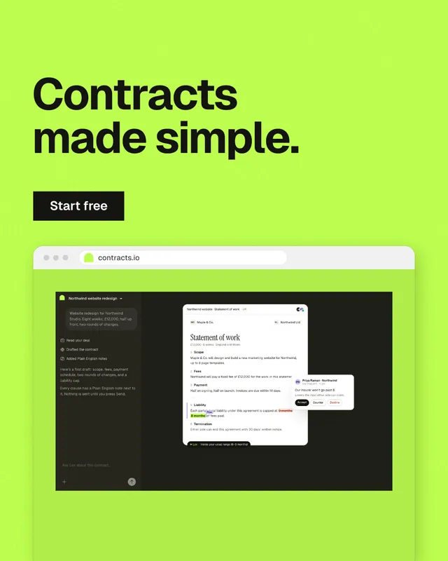 Instagram portrait post for contracts.io: "Contracts made simple." Swiss style, browser layout, light palette in green.