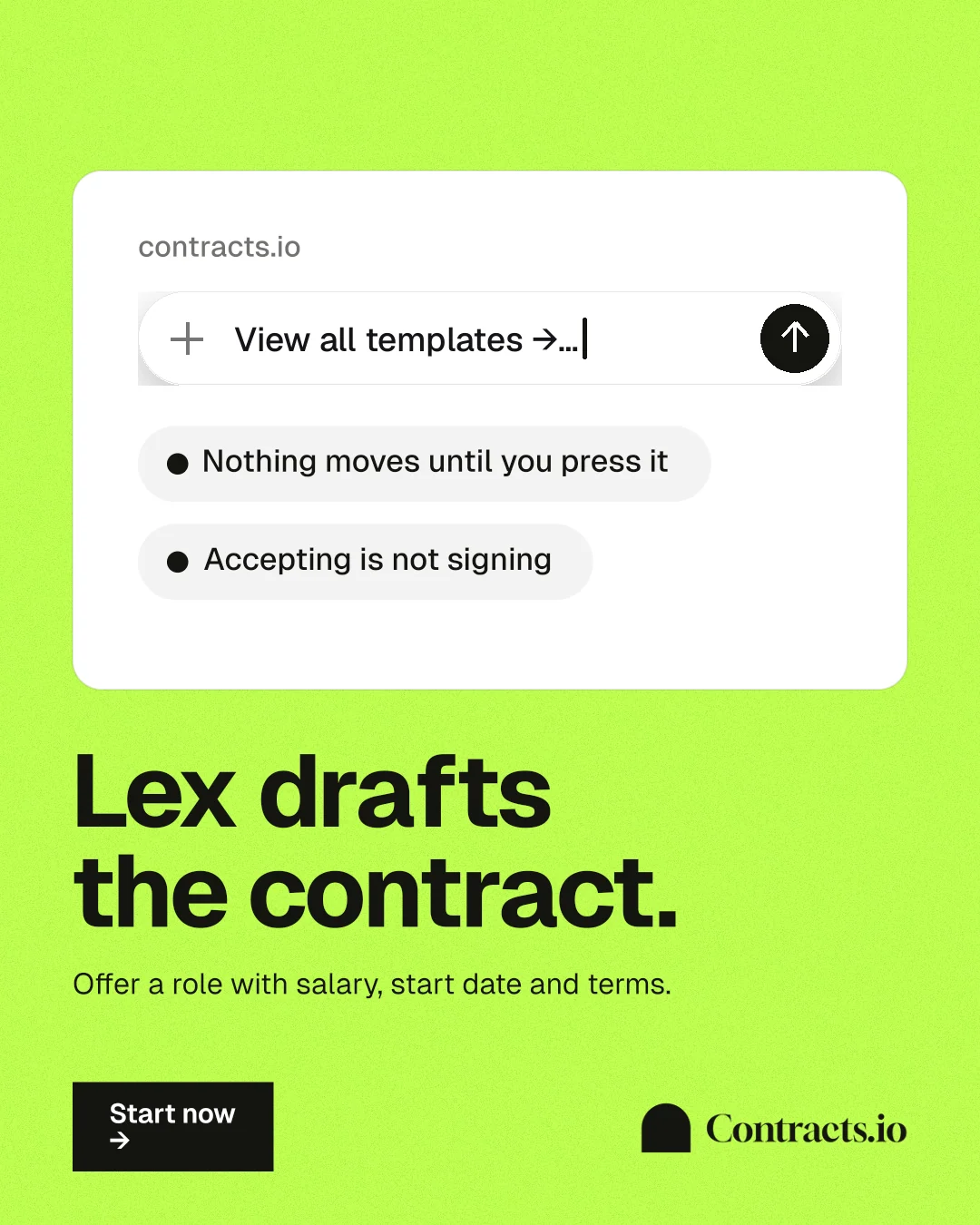 Instagram portrait post for contracts.io: "Lex drafts the contract." Swiss style, bottom layout, light palette in green, white.
