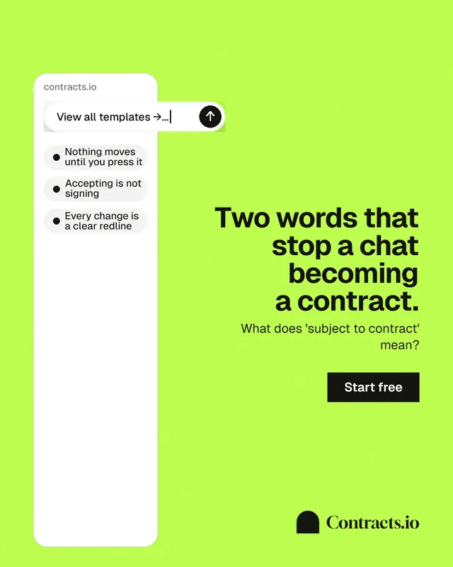 Instagram portrait post for contracts.io: "Two words that stop a chat becoming a contract." Swiss style, right layout, light palette in green, white.