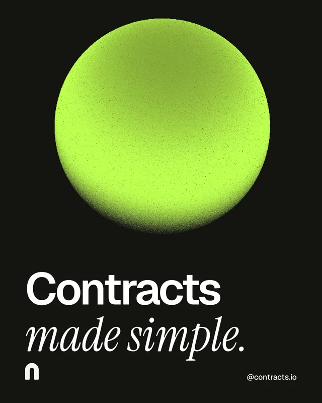 Instagram portrait post for contracts.io: "Contracts made simple." Auto 4x5 style, technique:shader field layout, dark palette in black, green.