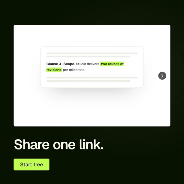 Video for contracts.io: "Share one link.". Doc motion loop, 6.0 s, light palette.
