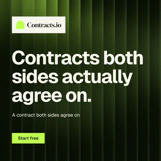 Instagram post for contracts.io: "Contracts both sides actually agree on." Swiss style, announce layout, dark palette in green, black.
