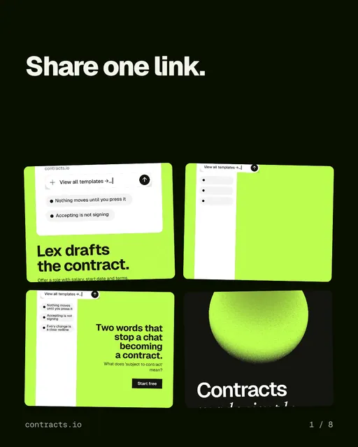 Carousel for contracts.io: "Share one link.". Collection carousel, 8 slides, dark palette.