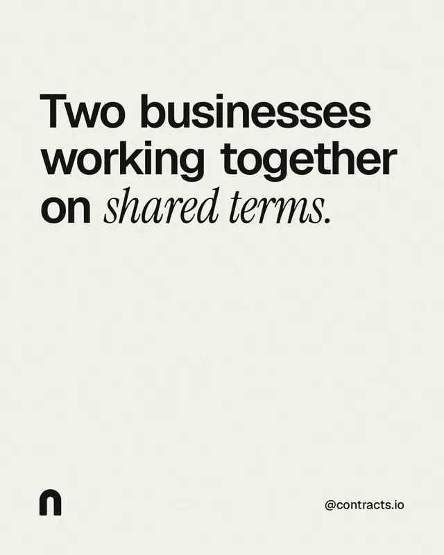 Instagram portrait post for contracts.io: "Two businesses working together on shared terms." Editorial style, technique:mixed type lockup layout, light palette in white, grey.