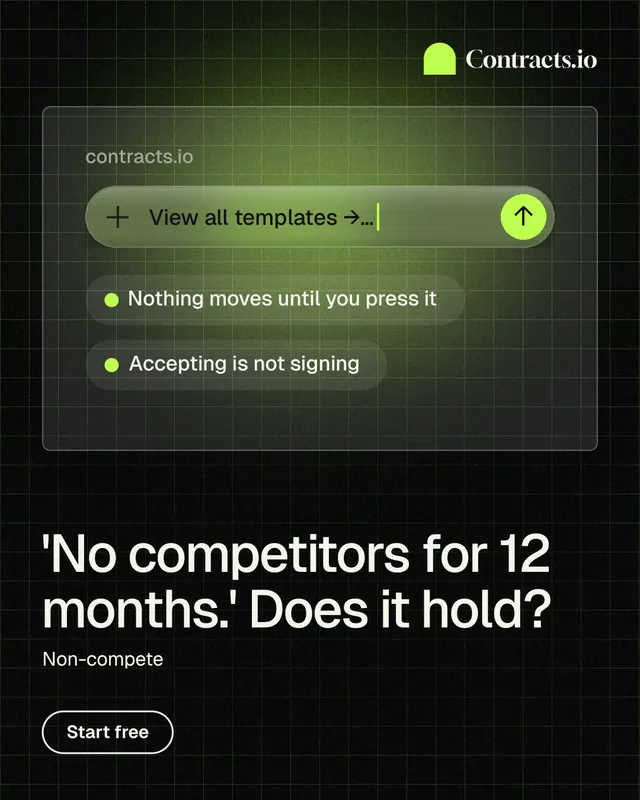 Instagram portrait post for contracts.io: "'No competitors for 12 months.' Does it hold?" Phosphor atlas style, bottom layout, dark palette in black, green.