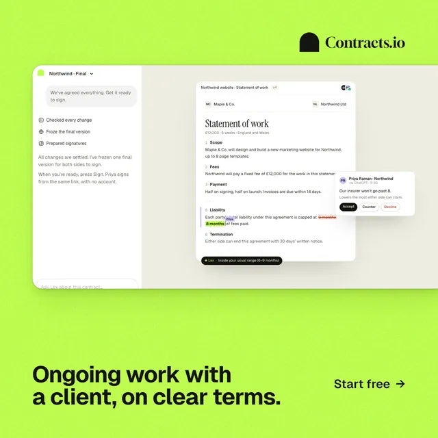 Instagram post for contracts.io: "Ongoing work with a client, on clear terms." Swiss style, image led layout, light palette in green.