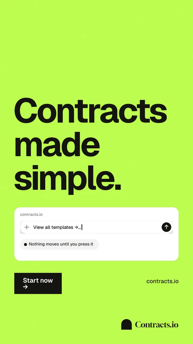 Instagram story for contracts.io: "Contracts made simple." Swiss style, poster layout, light palette in green.