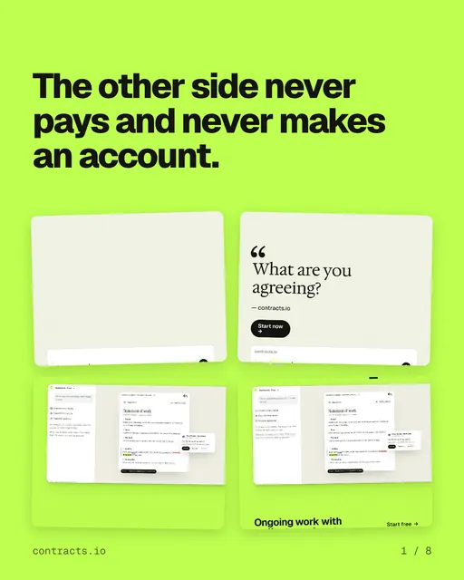 Carousel for contracts.io: "The other side never pays and never makes an account.". Collection carousel, 8 slides, light palette.