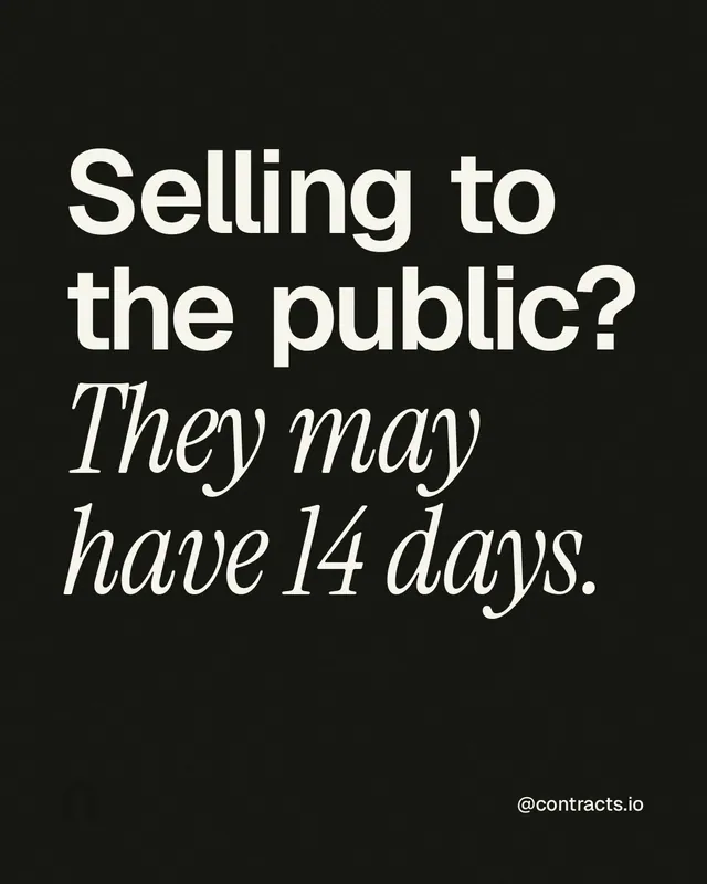 Instagram portrait post for contracts.io: "Selling to the public? They may have 14 days." Editorial style, technique:mixed type lockup layout, dark palette in black, grey.