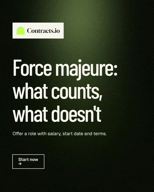 Instagram portrait post for contracts.io: "Force majeure: what counts, what doesn't". Dark deco style, announce layout, dark palette in black, grey.