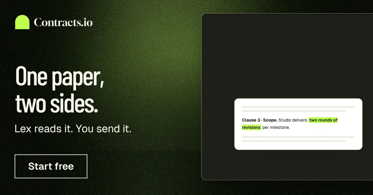 Social ad for contracts.io: "One paper, two sides." Dark deco style, bottom layout, dark palette in black, green, grey.