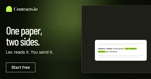 Social ad for contracts.io: "One paper, two sides." Dark deco style, bottom layout, dark palette in black, green, grey.