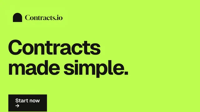 Landscape graphic for contracts.io: "Contracts made simple." Swiss style, announce layout, light palette in green.