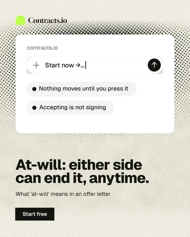 Instagram portrait post for contracts.io: "At-will: either side can end it, anytime." Ink sticker style, bottom layout, light palette in yellow, white, grey.