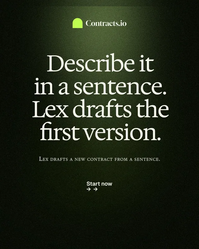 Instagram portrait post for contracts.io: "Describe it in a sentence. Lex drafts the first version." Dark deco style, smallcaps layout, dark palette in black, grey.