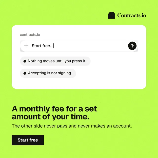 Instagram post for contracts.io: "A monthly fee for a set amount of your time." Swiss style, bottom layout, light palette in green, white.