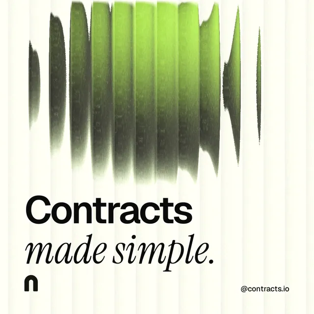 Instagram post for contracts.io: "Contracts made simple." Auto 1x1 style, technique:shader field layout, light palette in white, grey, green.