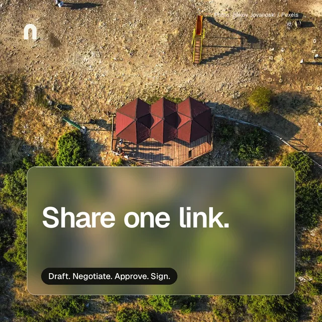 Instagram post for contracts.io: "Share one link." Glass style, technique:pexels ingredient layout, dark palette in yellow, black, brown.