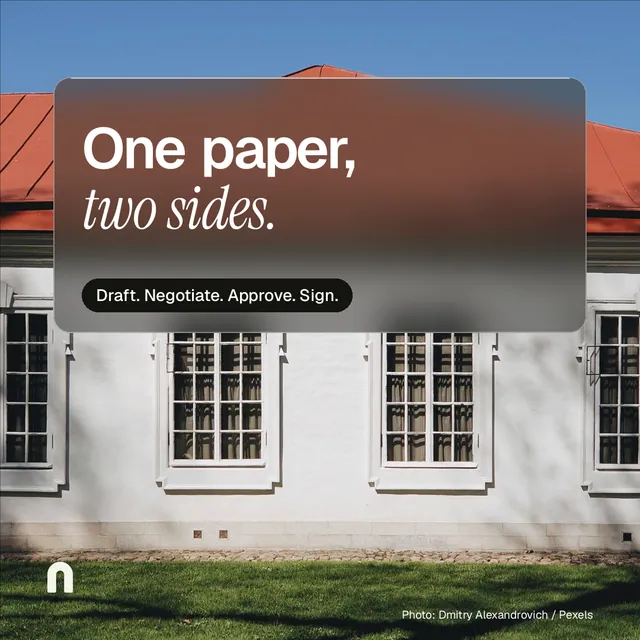Instagram post for contracts.io: "One paper, two sides." Glass style, technique:pexels ingredient layout, light palette in grey, black, red.