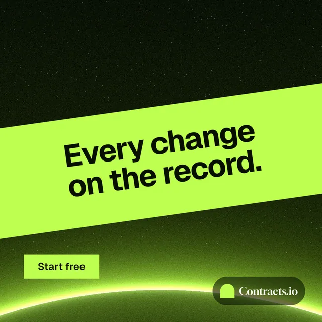 Instagram post for contracts.io: "Every change on the record." Swiss style, diagonal layout, dark palette in green, black.