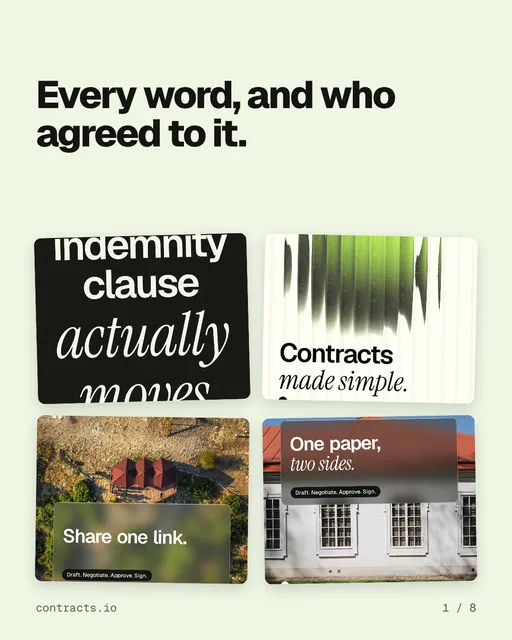 Carousel for contracts.io: "Every word, and who agreed to it.". Collection carousel, 8 slides, light palette.