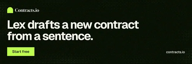 X header for contracts.io: "Lex drafts a new contract from a sentence." Swiss style, poster layout, dark palette in black, grey.