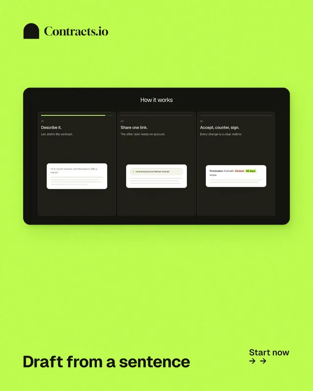 Instagram portrait post for contracts.io: "Draft from a sentence". Swiss style, image led layout, light palette in green.