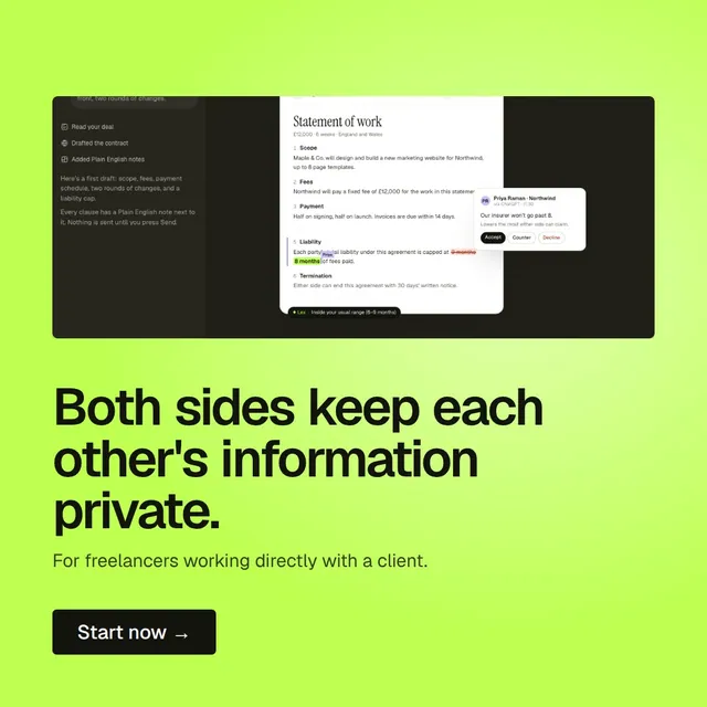 Video for contracts.io: "Both sides keep each other's information private.". Doc motion loop, 7.0 s, light palette.