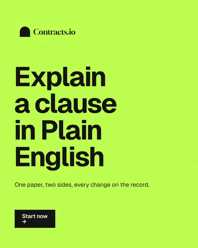 Instagram portrait post for contracts.io: "Explain a clause in Plain English". Swiss style, announce layout, light palette in green.