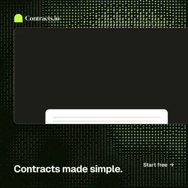 Instagram post for contracts.io: "Contracts made simple." Swiss style, image led layout, dark palette in black, grey.