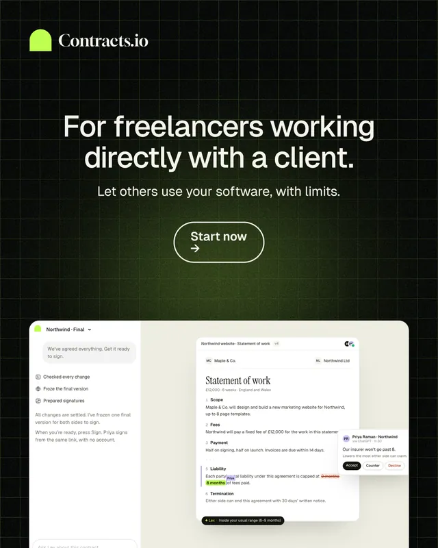 Instagram portrait post for contracts.io: "For freelancers working directly with a client." Phosphor atlas style, centred layout, dark palette in white, black, grey.