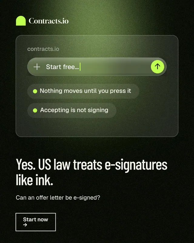Instagram portrait post for contracts.io: "Yes. US law treats e-signatures like ink." Dark deco style, bottom layout, dark palette in black, green.