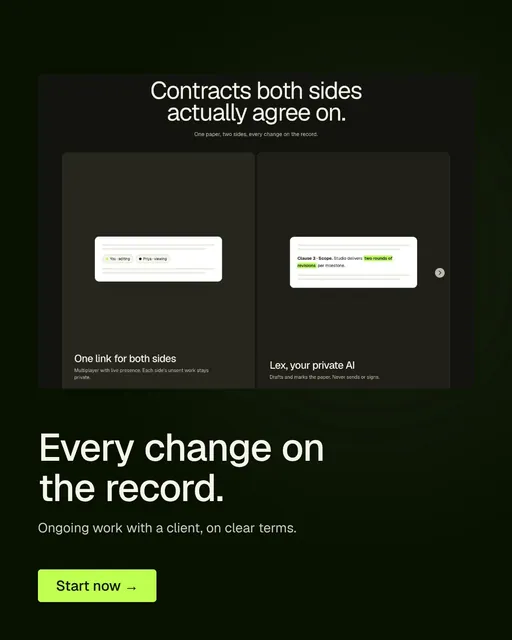 Video for contracts.io: "Every change on the record.". Doc motion loop, 8.0 s, dark palette.