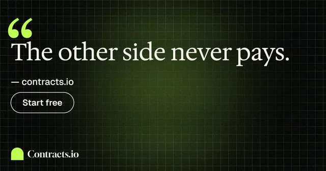Social ad for contracts.io: "The other side never pays." Phosphor atlas style, quote layout, dark palette in black, green, grey.