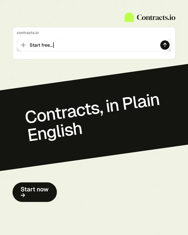 Instagram portrait post for contracts.io: "Contracts, in Plain English". Data card style, diagonal layout, light palette in white, black.