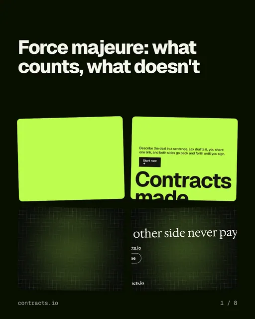 Carousel for contracts.io: "Force majeure: what counts, what doesn't". Collection carousel, 8 slides, dark palette.
