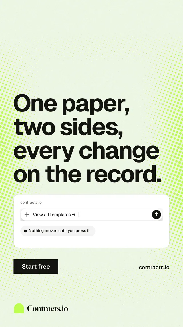 Instagram story for contracts.io: "One paper, two sides, every change on the record." Swiss style, poster layout, light palette in white, grey, green.