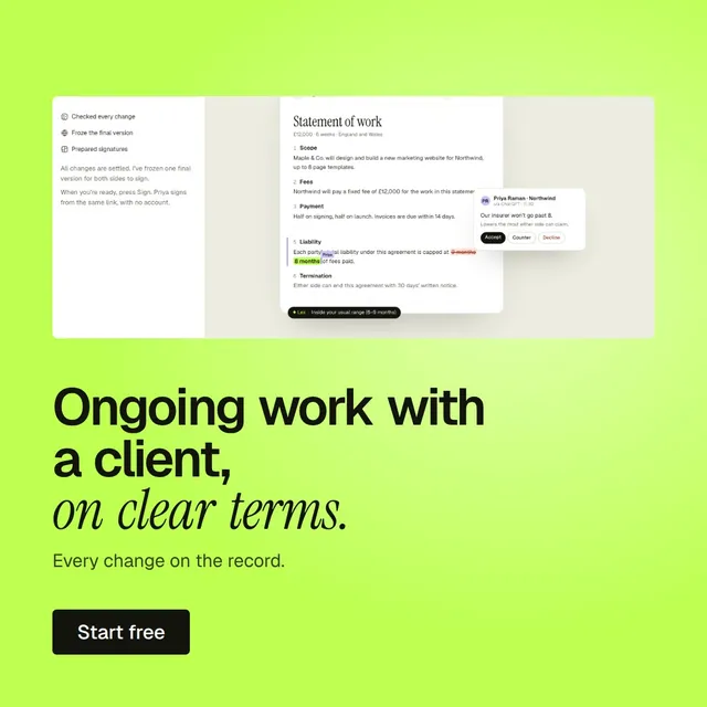 Video for contracts.io: "Ongoing work with a client, on clear terms.". Kinetic type grid, 6.0 s, light palette.