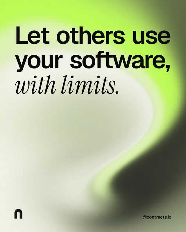 Instagram portrait post for contracts.io: "Let others use your software, with limits." Auto 4x5 style, technique:shader field layout, light palette in green, grey.