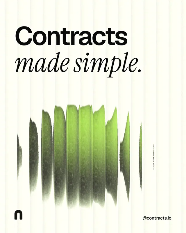 Instagram portrait post for contracts.io: "Contracts made simple." Auto 4x5 style, technique:shader field layout, light palette in white, grey, green.