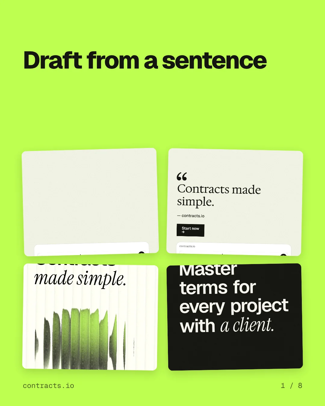 Carousel for contracts.io: "Draft from a sentence". Collection carousel, 8 slides, light palette.
