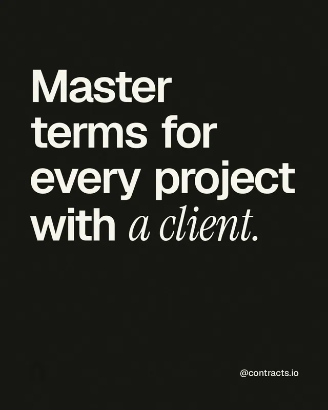Instagram portrait post for contracts.io: "Master terms for every project with a client." Editorial style, technique:mixed type lockup layout, dark palette in black, grey.