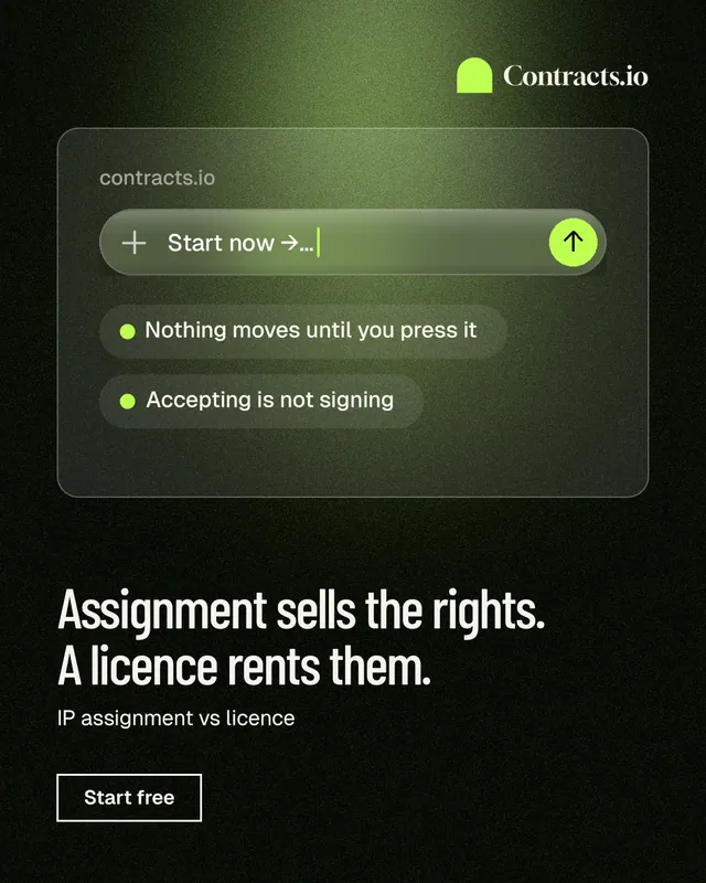 Instagram portrait post for contracts.io: "Assignment sells the rights. A licence rents them." Dark deco style, bottom layout, dark palette in black, green.