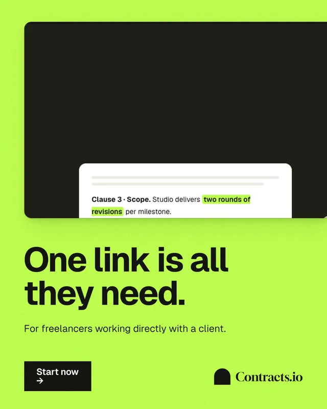 Instagram portrait post for contracts.io: "One link is all they need." Swiss style, bottom layout, light palette in green, black.