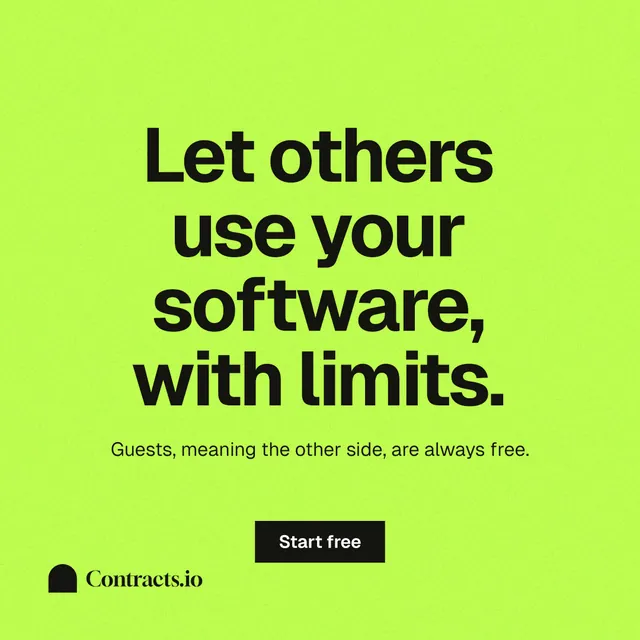 Instagram post for contracts.io: "Let others use your software, with limits." Swiss style, centred layout, light palette in green.