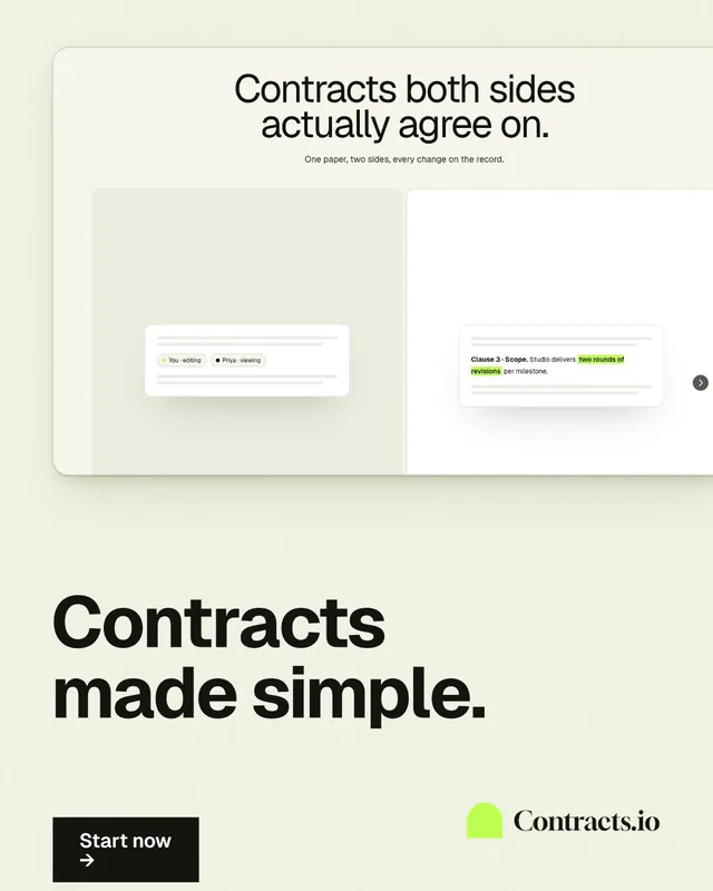 Instagram portrait post for contracts.io: "Contracts made simple." Swiss style, bottom layout, light palette in yellow, white, grey.